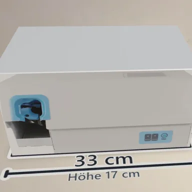 Bildschirmabzug der Raumansicht: Maßmodell des GoDEX GTL100 auf einem Tisch, mit eingeblendeter Maßfahne 33 cm breit und 17 cm hoch